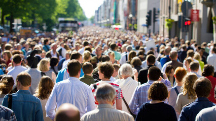Urban crowd walking along busy city street, pedestrian movement in downtown district, people commuting on sunny day, metropolitan lifestyle, public gathering, human density, social interaction