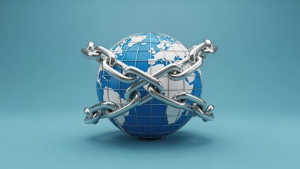 Earth globe secured with heavy metal chains against a blue background
