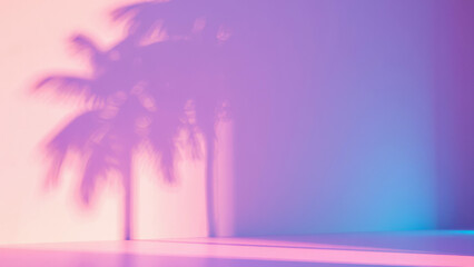Tropical palm tree shadow on pastel pink and blue wall background with neon light, vaporwave aesthetic, summer vacation mood, minimal abstract scene for branding, design or digital art inspiration