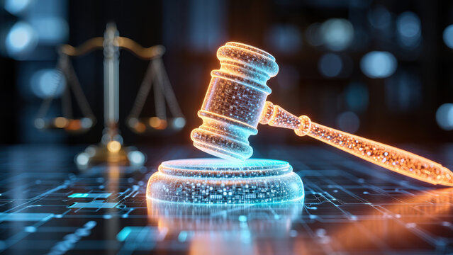 Futuristic courtroom with digital gavel and virtual bankruptcy documents, scales of justice in tech scene, online law innovation, cyber enforcement system, digital justice transformation