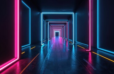 Empty corridor with geometric neon light frames. Endless perspective tunnel with pink and blue illumination. Dark futuristic pathway with bright glowing lines.