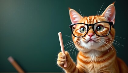 Orange tabby cat with glasses holds chalk near blackboard ready to teach. Funny kitten poses as teacher, inspires young students to learn and grow.
