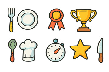 Cooking and awards icon set. Culinary tools and trophies in flat style