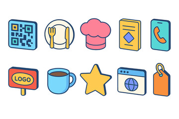 Restaurant, food flat icon set. Dining, culinary, hospitality flat icons collection