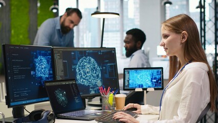 IT expert in high tech startup office uses neural networks to develop artificial intelligence...