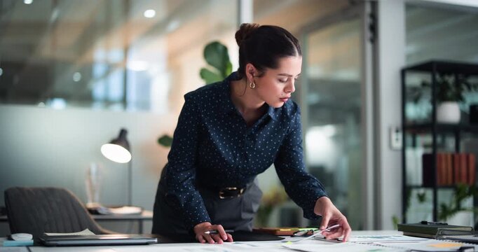 Business, night and woman with documents, writing and bookkeeping with deadline for audit. Evening, employee and person in office, paperwork and finance report for profit increase and budget plan