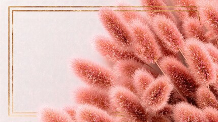 Pink fluffy plants with a golden frame on a textured surface.