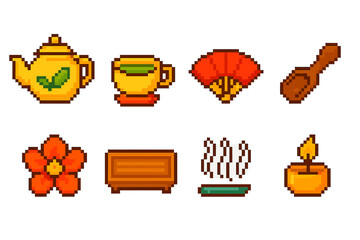 Asian tea culture pixel icon set. Traditional, oriental symbols in pixelated style