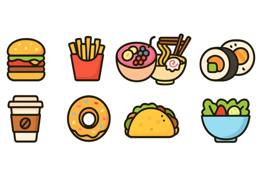 Food and beverage icon set. Tasty, delicious meals icons in filled style
