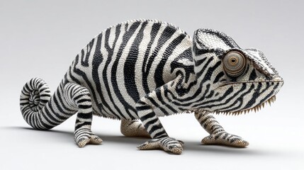 Naklejka premium Digitally created chameleon featuring a surreal zebra like skin texture, blending reptilian anatomy with wild animal patterns, isolated on a clean studio background.