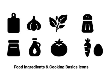 Food ingredients solid icon set. Cooking basics and kitchen essentials icons
