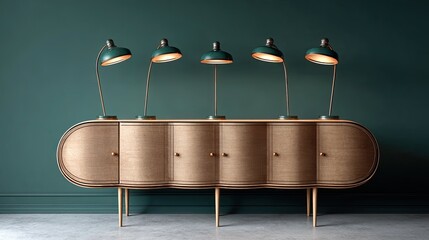 Five antique-style lamps illuminate a curved wooden credenza.