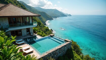 Cliffside infinity pool overlooks vast blue ocean under clear sky. Modern villa architecture blends with rich tropical jungle vegetation. Sun loungers await relaxation by the refreshing water.