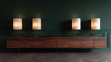 Four illuminated lamps stand above a long wooden credenza on a dark wall.
