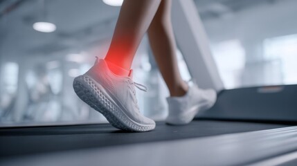 Female legs in white sneakers walking on a treadmill at the gym, with red highlight around the ankle indicating pain, injury, or inflammation related to physical activity.