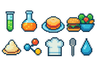 Naklejka premium Pixel art food and science icon set. Culinary and laboratory icons in retro style