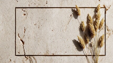 Dried grass stalks frame a textured surface with soft shadows.