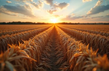 Golden hour sunset illuminates vast field of harvested wheat stubble. Rows recede into distance under dramatic cloudy sky. Rural farmland scene.
