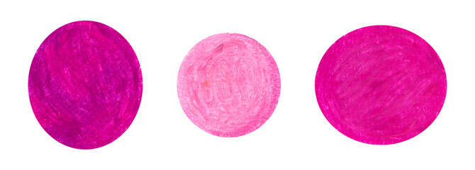 Artistic hand drawing with crayon oil pastel textured magenta pink round shapes set. Abstract creative watercolor brush stroke circle elements for banner design, texture frame background, sticker