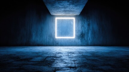 Dark concrete room with glowing square light and blue illumination.