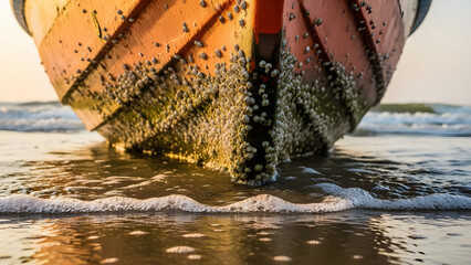 Authentic Traditional Fishing Boat Texture Detail Resting On Wet Sand At Low Tide