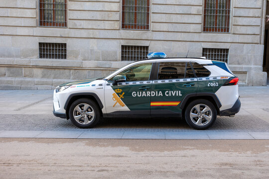 Madrid, spain; 11 05 2025 guardia civil car patrolling city street in spain