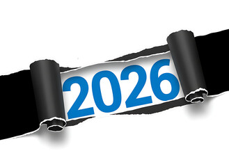 Blue 2026 Number Revealed Through Ripped Black Paper Design