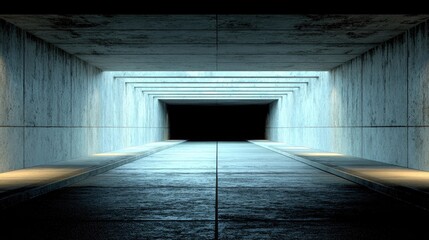 Illuminated concrete passageway leads into darkness in architectural perspective.