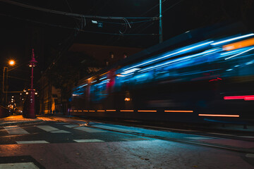 tram on the street at night