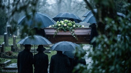 Rainy cemetery funeral procession with mourners holding black umbrellas as a flower-adorned coffin is carried along a wet pathway, creating a solemn atmospheric scene filled with emotion