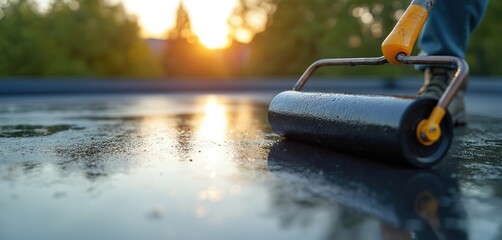 Worker applies black bitumen coating to flat rooftop using roller brush. Sunset glows on wet surface, protecting building from water. Construction worker seals new roof.