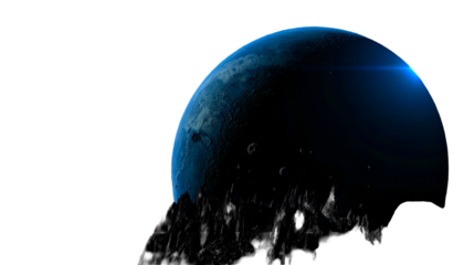 Dark space scene with an earth-like planet and asteroid field