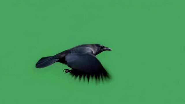 Crow flying gracefully with wings flapping in clear blue sky during daylight.