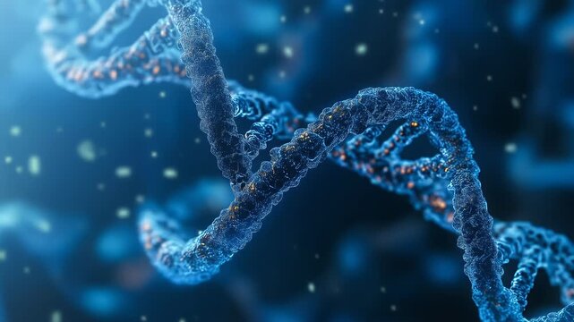 Detailed Blue DNA Double Helix Structure with Orange Highlights and Floating Particles on Dark Background Cinematic Lighting
