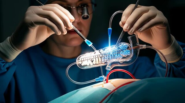 Glowing fluid flows into artificial pancreas as bioreactors pulse with light during surgical procedure.