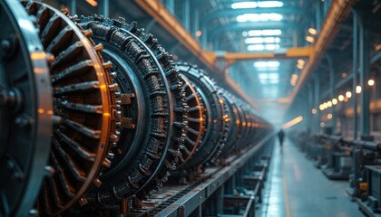 Obraz premium Line of industrial turbines or engines in factory. Huge complex machinery, metal gears, intricate parts. Concept of manufacturing, heavy industry, complex engineering.