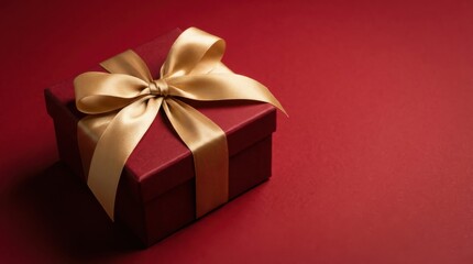 Obraz premium Luxurious red gift box wrapped with a smooth gold ribbon bow placed on a matching red background, creating a refined minimalist composition with warm festive tones and elegant celebratory style