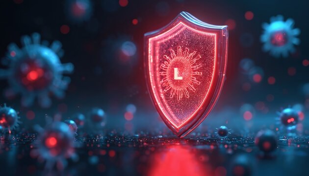 Glowing red shield protects from microscopic virus particles. Digital rendering shows fight against infection. Medical concept of safety and immunity against disease outbreaks. - Powered by Adobe