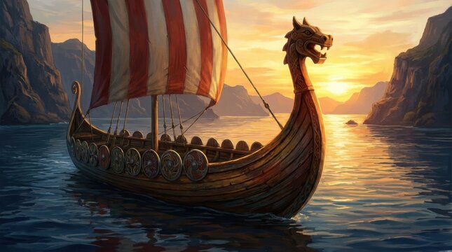 Fototapeta Viking longship with carved dragon prow sailing through a sunlit fjord at sunset, showcasing detailed wooden craftsmanship, classic adventure-style historical fantasy illustration
