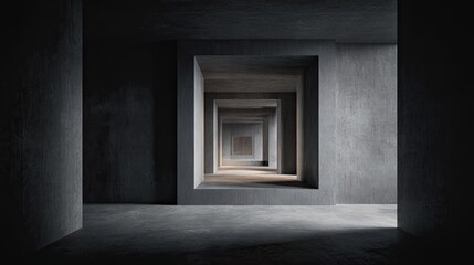 Dimly lit concrete corridor recedes into infinity with light.