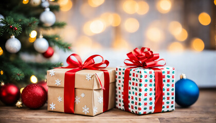 two christmas presents and ornaments on wooden floor against blurred lights