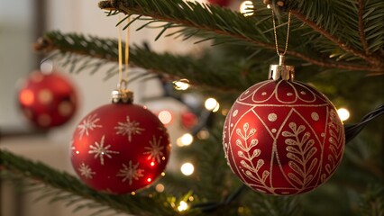 Obraz premium A close up of two red ornaments hanging from a Christmas tree.