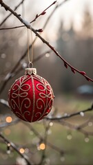 Obraz premium A close-up of a red bauble decorated intricate patterns hanging from a twig blurred bokeh