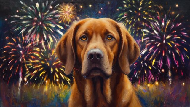 Close‑Up of Serious Brown Dog with Colorful Fireworks & Glowing Night Lights