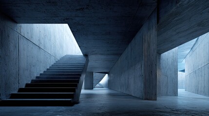 Stark concrete staircase leads to illuminated passage in modern architectural space.