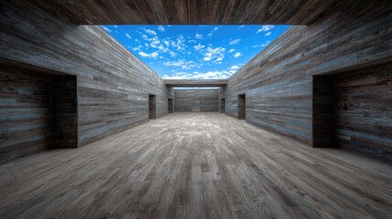 Architectural perspective of a long wooden hallway with open sky ceiling.