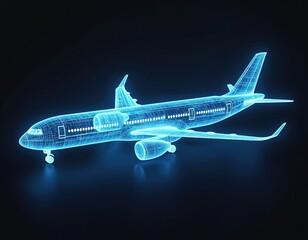 Blue glowing airplane blueprint hologram. Futuristic aircraft wireframe design shows tech innovation and air transport. Digital model depicts advanced engineering for travel industry.