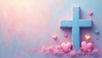 Pastel blue cross adorned with pink hearts rests on soft clouds against a blurred pink and blue backdrop. Gentle pastel colors convey love faith and hope. Divine spiritual romance background.