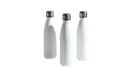 Three sleek, white insulated water bottles with silver lids, on a black background