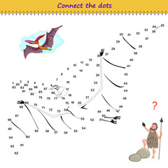 Connect the dots from 1 to 90 and draw the pterodactyl. Trace the line between numbers. Coloring book. Develop counting skills. Logic puzzle game for children. Educational page. Hand drawn vector.